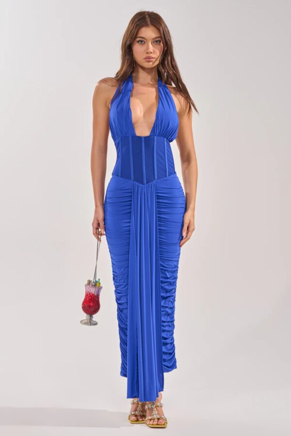 Women’s Royal Blue Ruched Halter Neck Maxi Dress Elegant Slim Fit Evening Dress