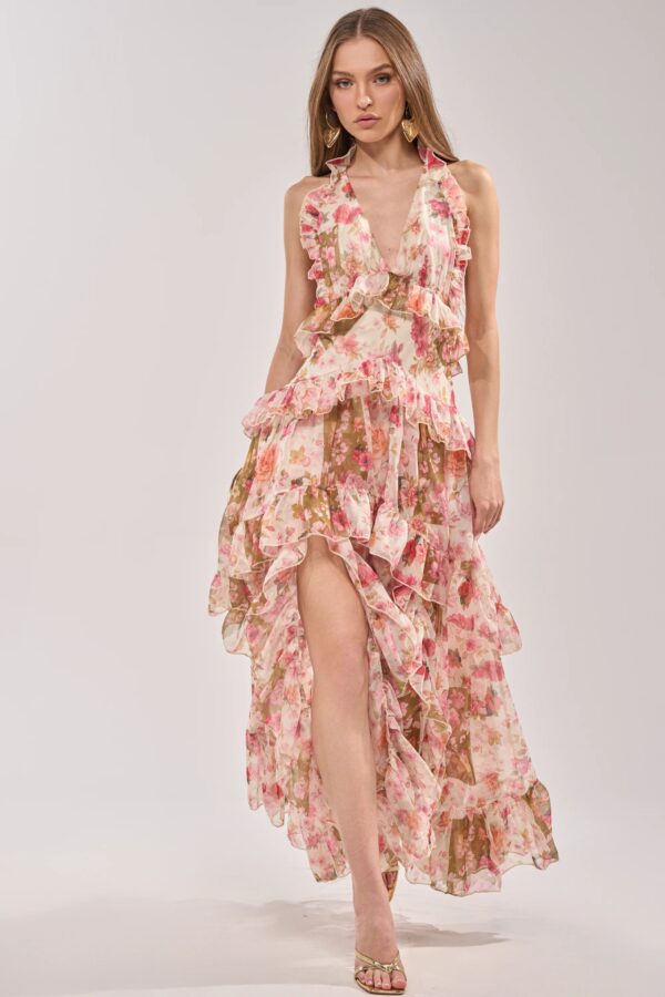 Summer Stroll Floral Chiffon Maxi Dress – Elegant Ruffle Sleeveless Dress