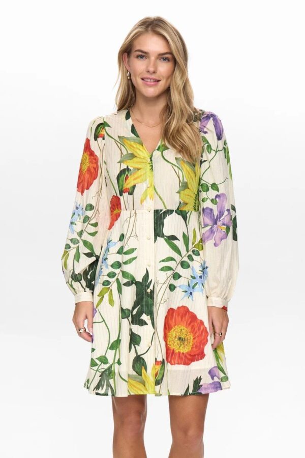 Barrio Clothing Women’s Cream Floral Print Long Sleeve V-Neck Mini Shirt Dress